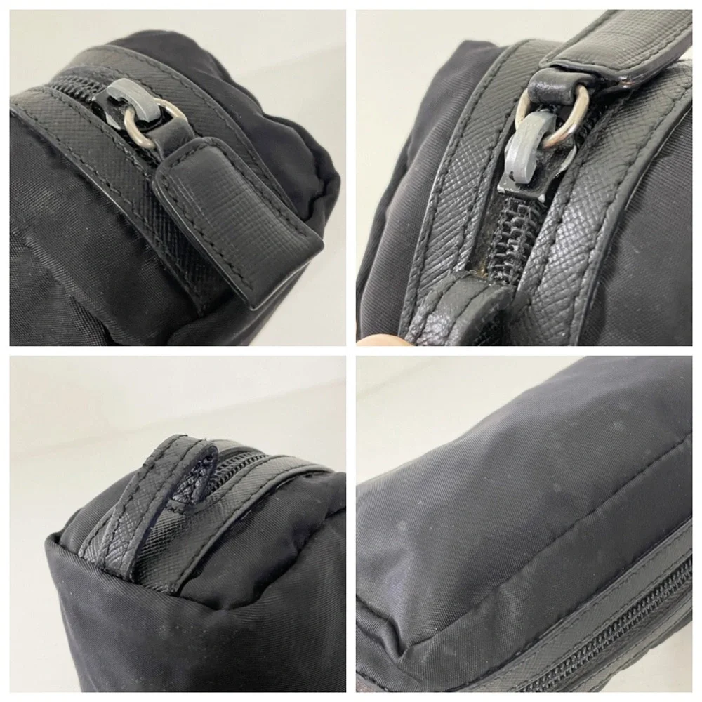Prada small black nylon triangle logo saffiano zip pouch